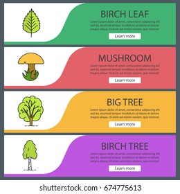 Forestry web banner templates set. Birch tree and leaf, mushroom, big tree. Website color menu items. Vector headers design concepts