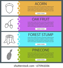 Forestry web banner templates set. Acorn, stump, pine cone, oak fruit. Website color menu items with linear icons. Vector headers design concepts