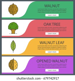 Forestry web banner templates set. Nuts, oak tree, walnut leaf. Website color menu items. Vector headers design concepts