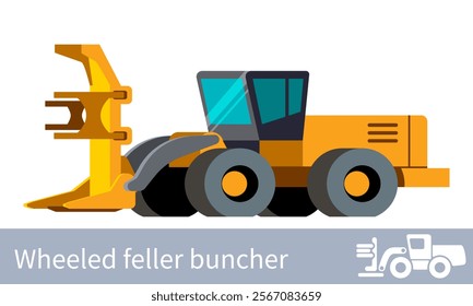 Forestry wheeled feller buncher front side view minimalistic icon vehicle. Forestry construction equipment isolated vector. Color icon illustration on white background