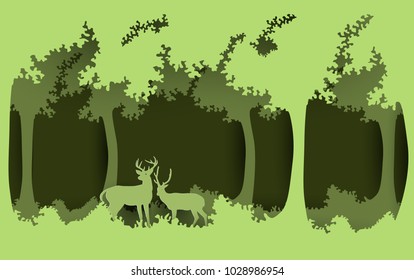 forests and the environment. deer in the forest. paper art design.