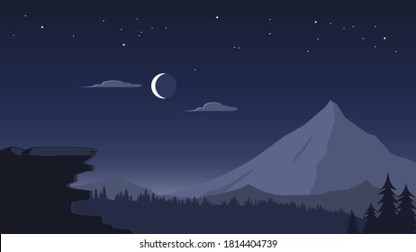 Forests in night landscape with trees, hills, half moon, stars and mountains behind. Vector illustration, background.
