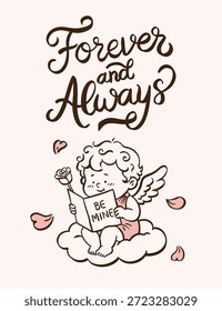 Forever and Always hand lettering with cute cupid reading a love letter. Romantic vector illustration for wedding or anniversary.