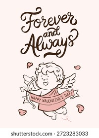 Forever and Always hand lettering with cute cupid reading a love letter. Romantic vector illustration for wedding or anniversary.
