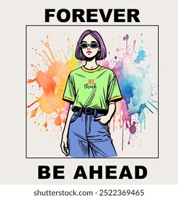 Forever be Ahead slogan and young girl hand drawn design illustration vector. 