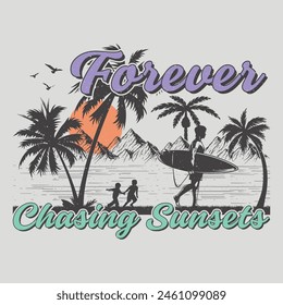 Forever Chasing Sunsets Surfing Beach Sunset Lake Klassisch Summer Sublimation T-Shirt Design