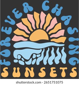 Para sempre perseguindo Sunsets vintage gráfico com sol e ondas no branco. Perfeito para gráficos, cartazes e roupas de verão. Explore a arte retrô de viagens.