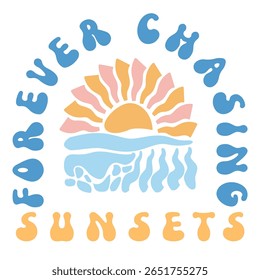 Para sempre perseguindo Sunsets vintage gráfico com sol e ondas no branco. Perfeito para gráficos, cartazes e roupas de verão. Explore a arte retrô de viagens.