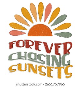 Pôr do sol para sempre vintage design gráfico impressão e grunge estilo gráfico com sol e ondas. Ótimo para camisetas angustiadas e design único. Abraçar espírito aventureiro. 
