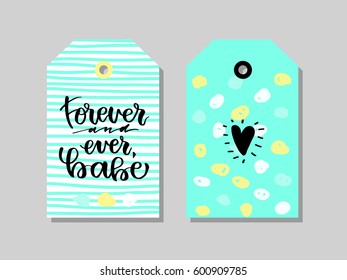 Forever and ever babe. Beautiful quote written by hand with a brush on a green background in colorful bright circles. Use for card, invitation or poster. Lettering for Valentine's Day or wedding.