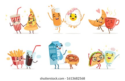 Forever Friends Collection, Cute Funny Food and Drink Cartoon Characters, Childish Menu Elements Vector Illustration