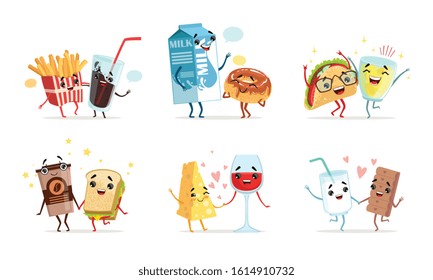 Forever Friends Collection, Cute Funny Food and Drink Characters Best Friends Vector Illustration