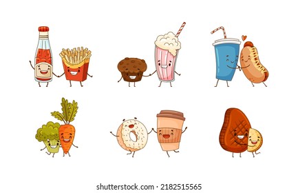 Forever friends set. Broccoli and carrot, soda drink and french fries, coffee and donut, meat steak and potato vector illustration