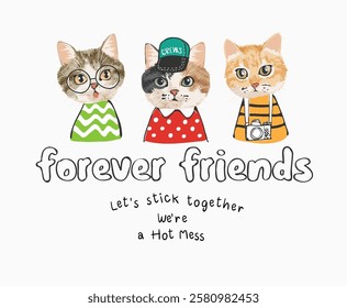 forever friends slogan with cartoon kitten friendship vector illustration