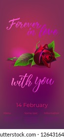 Forever in love with you lettering with rose. Saint Valentines Day poster. Handwritten text, calligraphy. For leaflets, brochures, invitations, posters or banners.