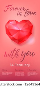 Forever in love with you lettering with ruby heart. Saint Valentines Day poster. Handwritten text, calligraphy. For leaflets, brochures, invitations, posters or banners.