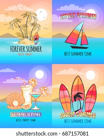 Forever lovely summer collection of vector illustrations. Poster of tropical beach with palm trees, various cocktails, surfing boards and yacht