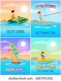 Forever lovely summer, colorful cartoon banner, vector illustration, watercraft and windsurfer, rowing girl and kitesurfing man, summertime poster