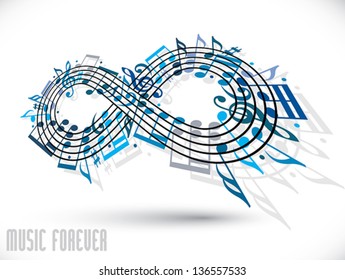 Forever music concept, infinity symbol made with musical notes and treble clef, blue expressive shape design, rotated in 3d, idea for your music theme design