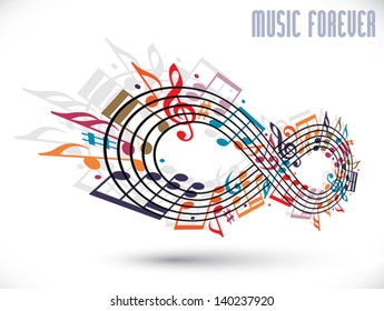 Forever music concept, infinity symbol made with musical notes and treble clef, rotated in 3d, idea for your music theme design.