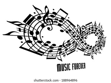 Forever music concept, infinity symbol made with musical notes and treble clef, expressive shape design rotated in 3d, black and white, idea for your music theme design.