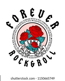 Forever rock and roll print with red roses in vector.