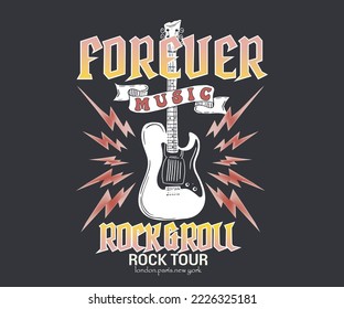 Forever rock and roll vector print design. Guitar rock artwork for apparel design, typography, print, logo, poster.