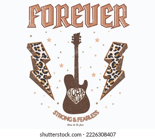 Forever rock and roll vector t-shirt design. Thunders vintage music poster artwork. Guitar and eagle wing rock and roll vector print illustration. Animal print.