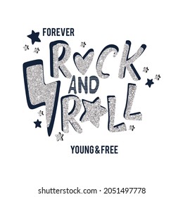 forever rock and roll young free star heart glitter blue text shine art vector tee slogan black and white line  illustration