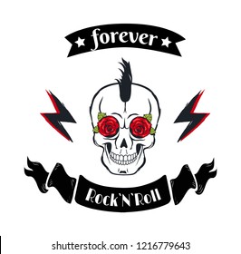 Forever rock-n-roll badge with skull having punk hairstyle and eyes in form of roses. Electric bolts black ribbons with stars vector illustration