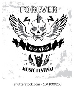 Forever rock'n'roll music festival, poster with images of bolts, punked skull, wings and hand showing horns, vector illustration isolated on white