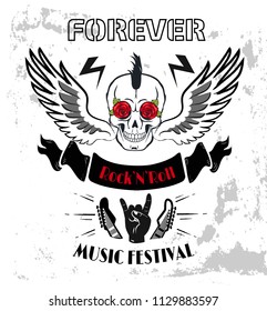 Forever rock-n-roll poster with winged skull punk hairstyle. Horned hand gesture and bone. Electric guitars top parts with strings vector illustration