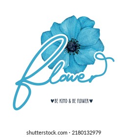 "Forever" Slogan with blue flower. Hand drawn vector illustration design for fashion graphics, t shirt prints, posters, stickers etc