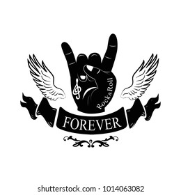 Forever title on black ribbon, hand gesture with typical horns sign and wings with decorative element vector illustration isolated on white