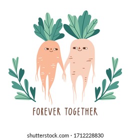 Forever together. Valentine day card, print, poster with letters. Cute mandrake root couple in love. Romantic magic plants. Cartoon mandragora illustration. Witchcraft symbols. Vector characters