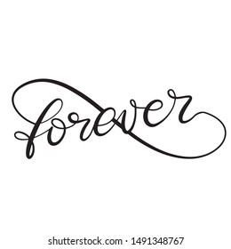 Forever word in infinity sign black and white lettering vector illustration in  calligraphy style. Handwritten text for fabric print, logo, poster, card. EPS10