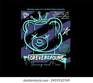 forever young calligraphy slogan with outline bear doll  on stripe background vector illustration for t shirt, poster, streetwear, urban design, hoodie, etc