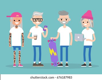 Forever young. Millennials in senior age. A group of trendy active seniors / flat editable vector illustration, clip art