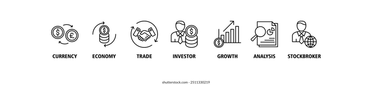 Concepto de Ilustración vectorial de conjunto de iconos de Web de Anuncio de Forex con icono de divisa, economía, comercio, inversor, crecimiento, análisis e iconos de corredor de bolsa Fondo de símbolo perfecto y fácil de editar