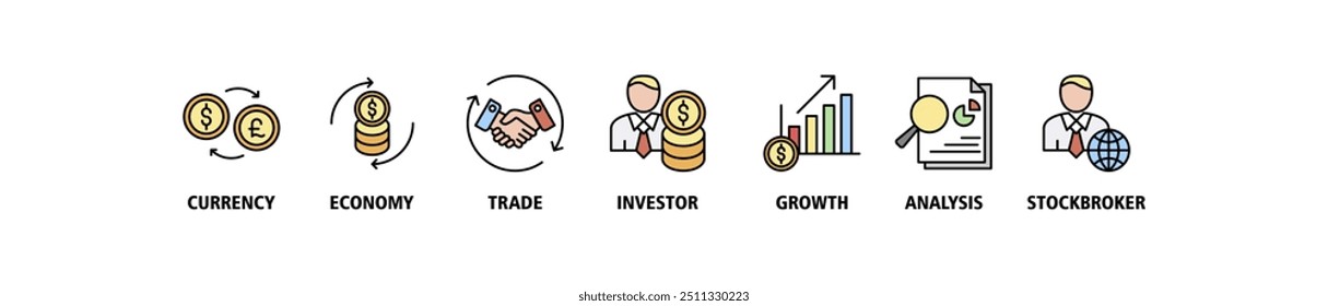 Concepto de Ilustración vectorial de conjunto de iconos de Anuncios de Forex con ícono de divisa, economía, comercio, inversor, crecimiento, análisis e íconos de corredor de bolsa Fondo de Web perfecto Trazo en vivo y fácil de editar