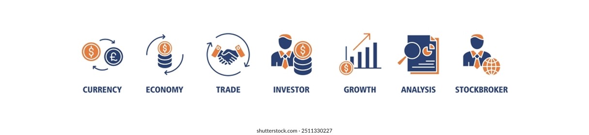 Forex banner web icon set vector illustration concept with icon of currency, economy, trade, investor, growth, analysis and stockbroker icons perfect symbol background live stroke and easy to edit