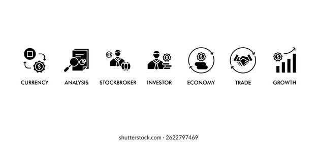 Forex banner web icon vector illustration concept with icon of currency, economy, trade, investor, growth, analysis and stockbroker