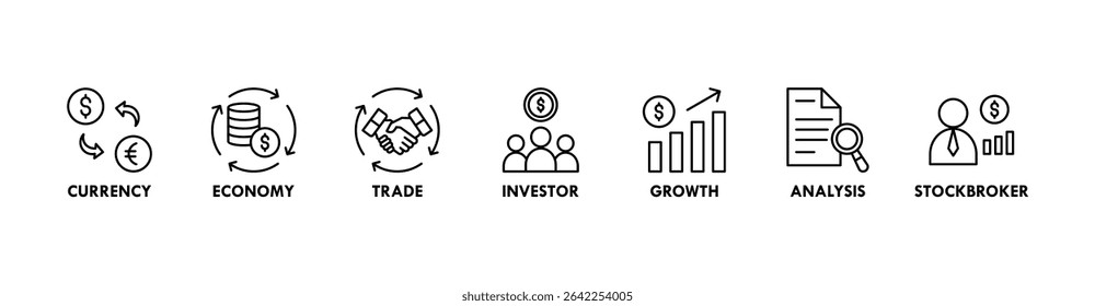 Forex banner web icon vector illustration concept with icon of currency, economy, trade, investor, growth, analysis and stockbroker