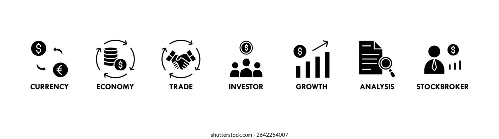 Forex banner web icon vector illustration concept with icon of currency, economy, trade, investor, growth, analysis and stockbroker