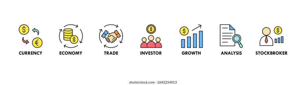 Forex banner web icon vector illustration concept with icon of currency, economy, trade, investor, growth, analysis and stockbroker