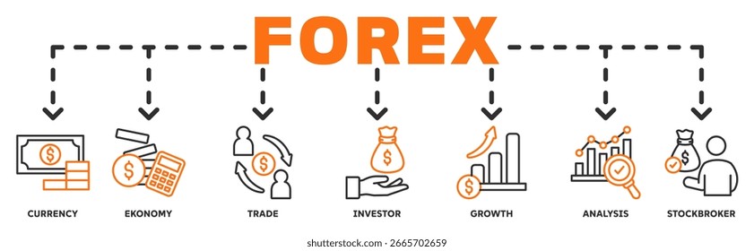 Concepto de Ilustración vectorial de íconos de Web de Anuncio de Forex con ícono de divisa, economía, comercio, inversor, crecimiento, análisis, corredor de bolsa