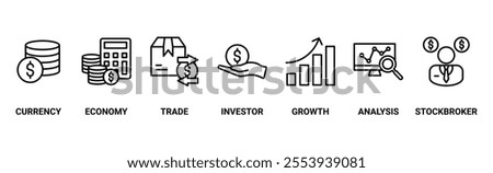 Forex banner web icon vector illustration concept with icon of currency, economy, trade, investor, growth, analysis and stockbroker