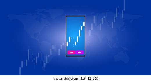 The forex chart moves on the smartphone screen on a blue gradient background with a world map. Vector illustration for a banner of a billboard, print, site, landing page
