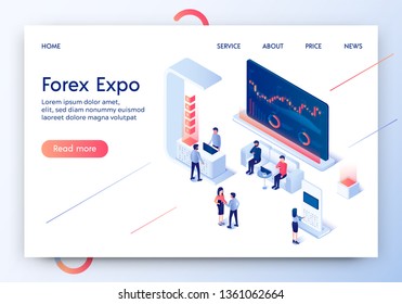 Forex Expo Horizontal Banner. Composition Of Trade Stall In Exhibition Center With People Looking At Stand With Graphs In Gallery Hall And Communicating With Staff. 3D Isometric Vector Illustration.