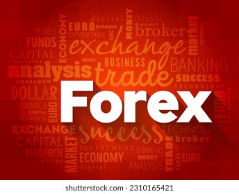 Forex - the foreign exchange market is a global decentralized or over-the-counter market for the trading of currencies, word cloud concept background